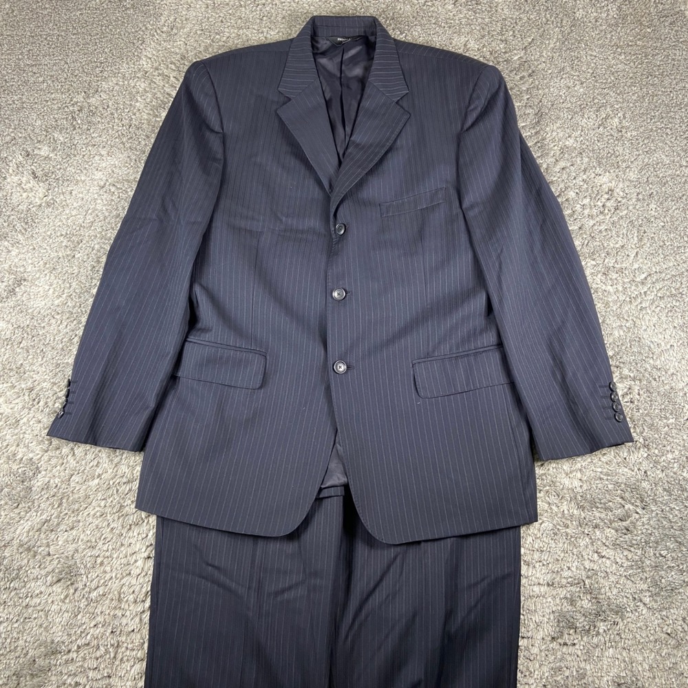 Pronto Uomo 2 Piece Suit Men 43R Blazer 38W Pant Blue Pinstripe Wool 3 Button